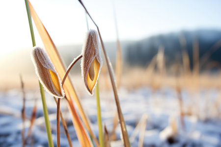 early morning frost on snowshoe tracks beside a frozen cattail clusterの素材