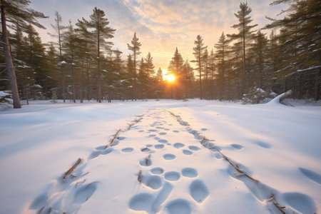 snowshoe tracks leading to a frosted pine forest at the edgeの素材