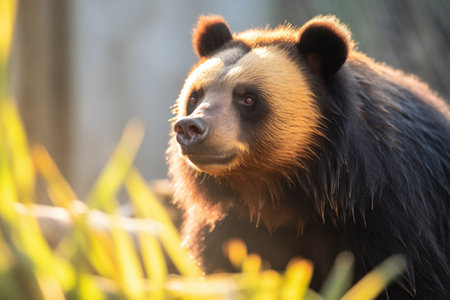 sunlit spectacled bear during golden hourの素材