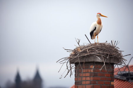 stork standing vigil on nest atop industrial chimneyの素材