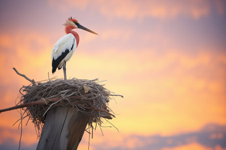 solitary stork on nest during sunsetの素材