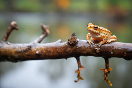 toad on branch near waterの素材