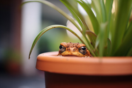 toad peering over a plant potの素材