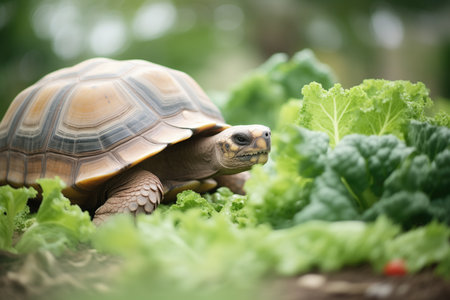 tortoise in garden surrounded by leafy vegetablesの素材