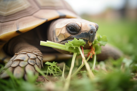 land turtle chewing on dandelion greens on soilの素材