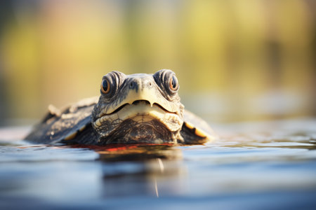 turtle poking head above lake surfaceの素材