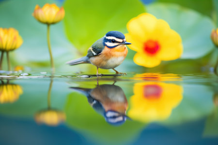 reflection of warbler in water beside water liliesの素材