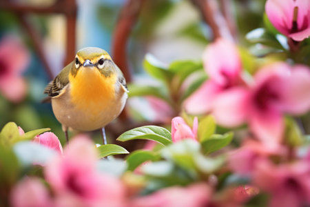 warbler among pink rhododendron flowersの素材