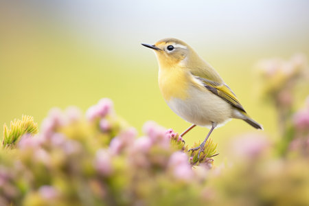 warbler perched atop a sprig of heather flowersの素材