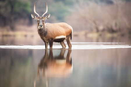 lone waterbuck reflected in calm waterの素材