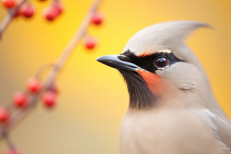 macro shot of waxwings vibrant plumage and berryの素材