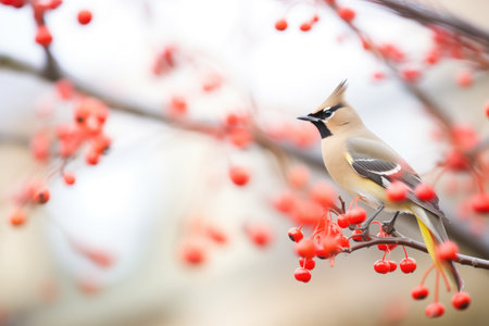 bokeh background with waxwing eating bright berryの素材