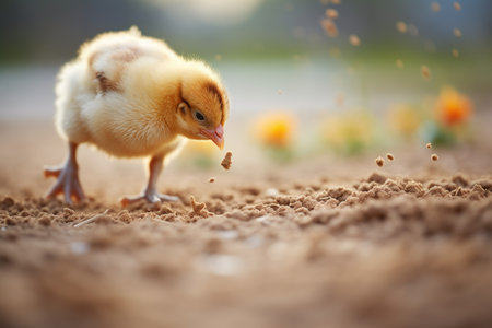 chick pecking grains on soilの素材