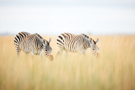 zebras in a line nibbling on grassの素材