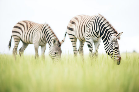 zebras in a line nibbling on grassの素材