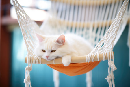 fluffy white cat napping in the hammock of a cat treeの素材
