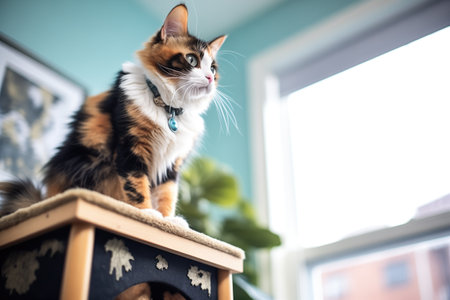 tortoiseshell cat surveying the room from atop a cat treeの素材