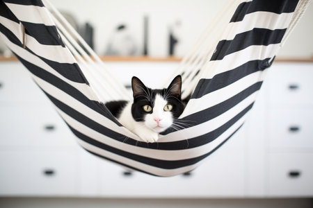 black and white cat in a canvas hammock, nauticalの素材