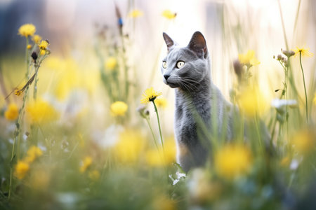 sleek grey cat amidst wildflowersの素材