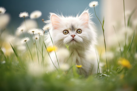 fluffy white cat hiding in dandelionsの素材