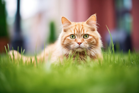 cat ready to spring from lush lawnの素材