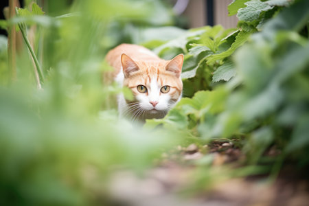 cat crouched under bush in pursuitの素材