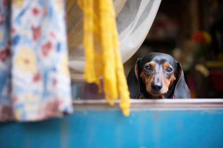 dachshund peeking through windowの素材