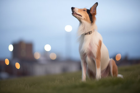 collie on grassy knoll, howling in moonlightの素材