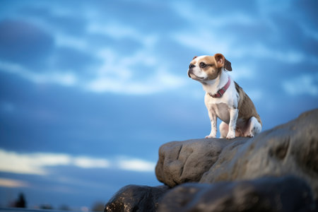 dog on rock, moonlit sky backgroundの素材