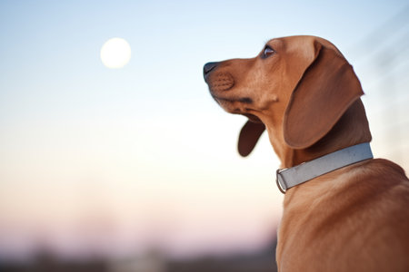 profile of a dog with a rising moon in the distanceの素材