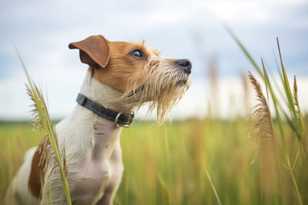 terrier searching scent in tall grassの素材