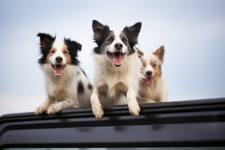 black-and-white border collies fur streaming in air, in a pickup truckの素材