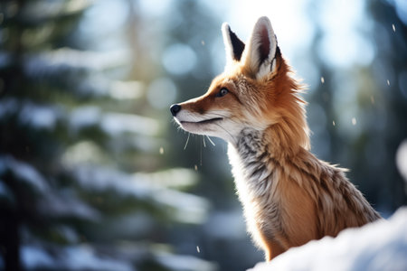 profile shot of fox with snow-dusted trees in the backgroundの素材