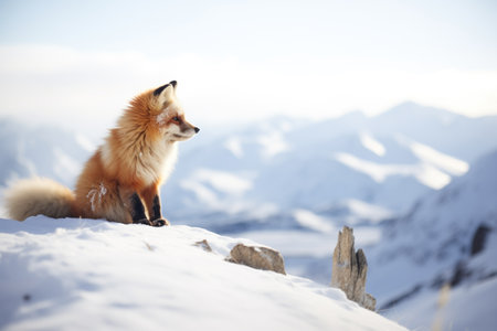 fox sitting, gazing out over a snow-laden valleyの素材