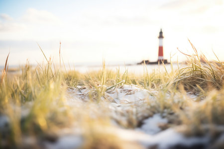 frozen coastal vegetation, framing a distant lighthouseの素材