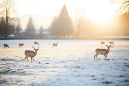 icy breath visible as deer graze at sunriseの素材