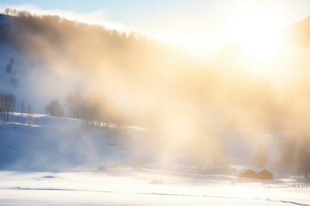 sunlight piercing through fog over a snow-blanketed hillの素材