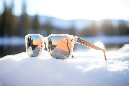 reflective sunglasses capturing the winter sun, with snowscapeの素材