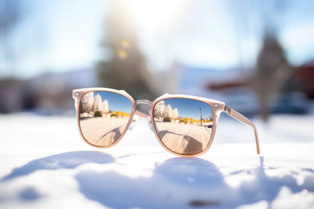 reflective sunglasses capturing the winter sun, with snowscapeの素材