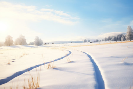sleigh tracks curving through a snowy meadowの素材