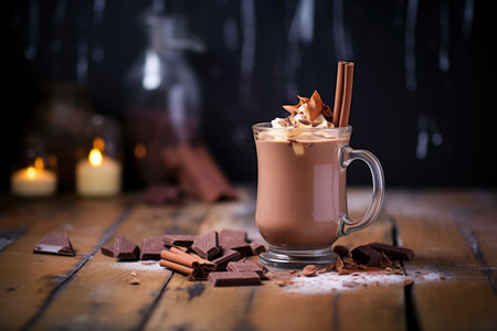 side shot of cocoa with steam and chocolate shavingsの素材