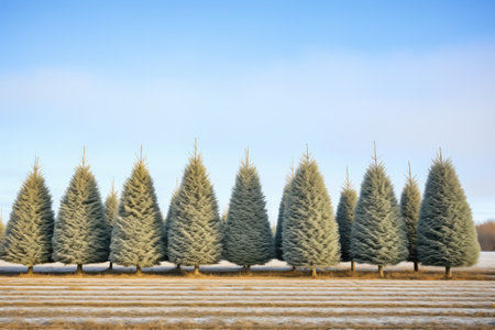 row of frosted fir trees in a winter fieldの素材