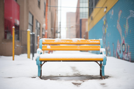 fresh snow on metal bench in urban settingの素材