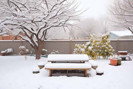 bench under snow-draped trees in gardenの素材