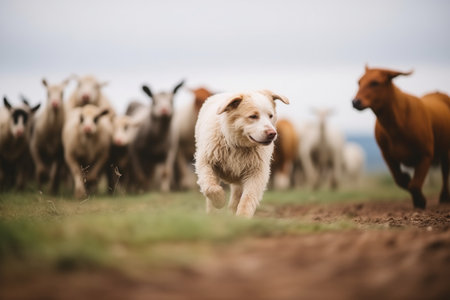 a dog herding sheep and cattle togetherの素材