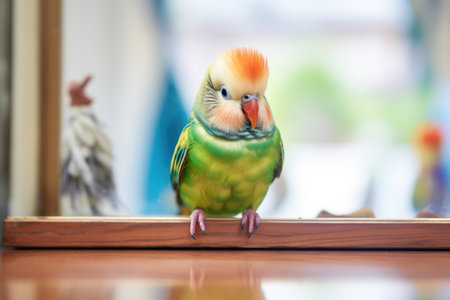 parakeet sitting in front of a mirror with a blurred natural backgroundの素材