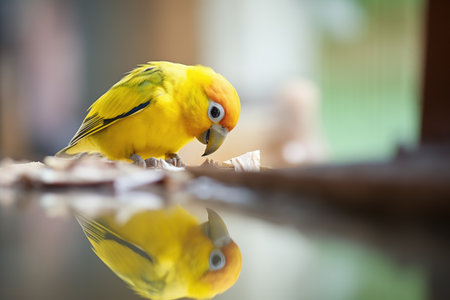 yellow parakeet studying reflection closelyの素材