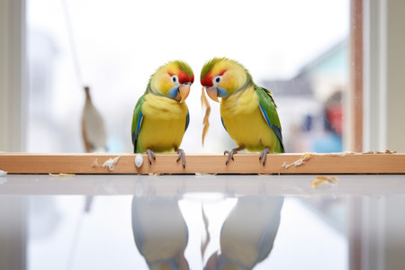 a pair of parakeets perched on a mirrors edge, looking at their reflectionsの素材