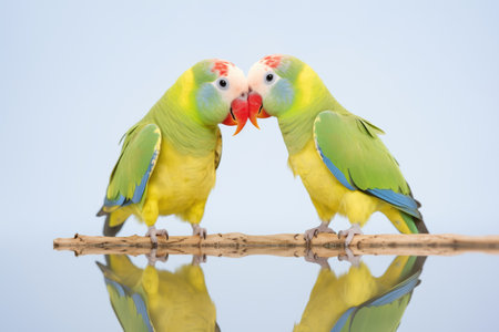 vibrant parakeet touching beak to mirror imageの素材
