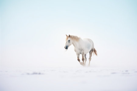white horse in snowfield with breath vaporの素材